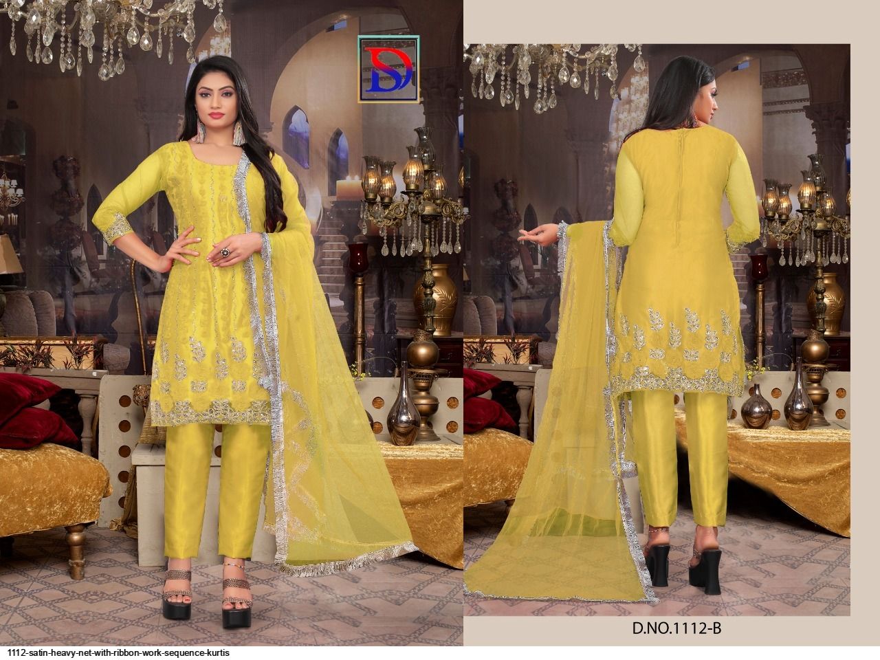 1112 SATIN HEAVY NET WITH RIBBON WORK SEQUENCE KURTIS B
