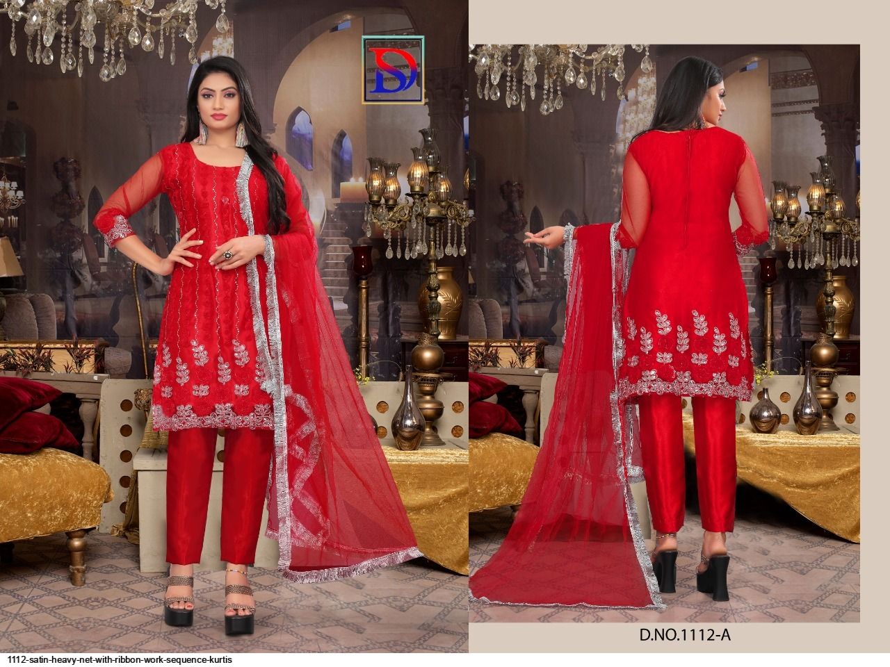 1112 SATIN HEAVY NET WITH RIBBON WORK SEQUENCE KURTIS D