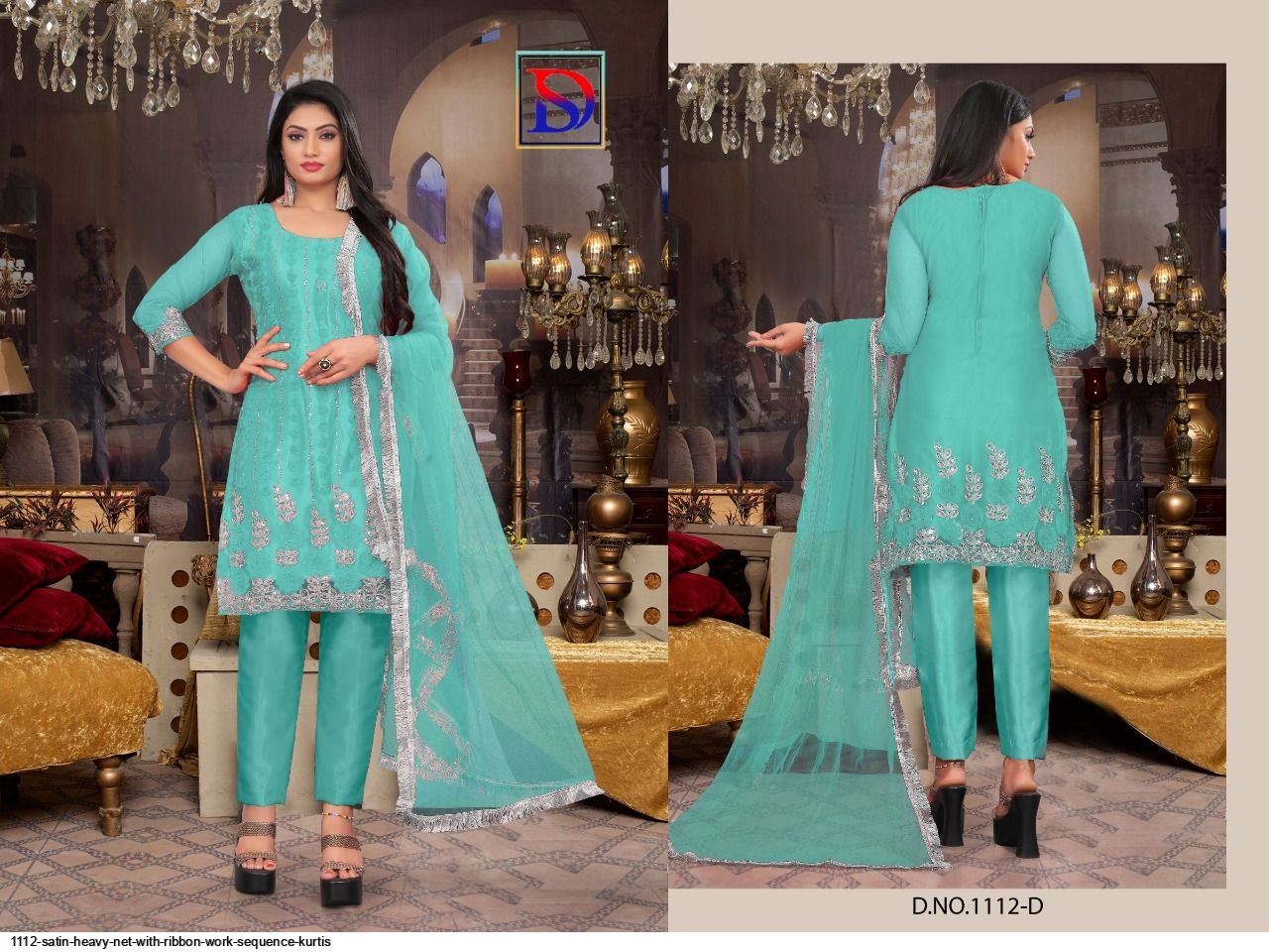 1112 SATIN HEAVY NET WITH RIBBON WORK SEQUENCE KURTIS C