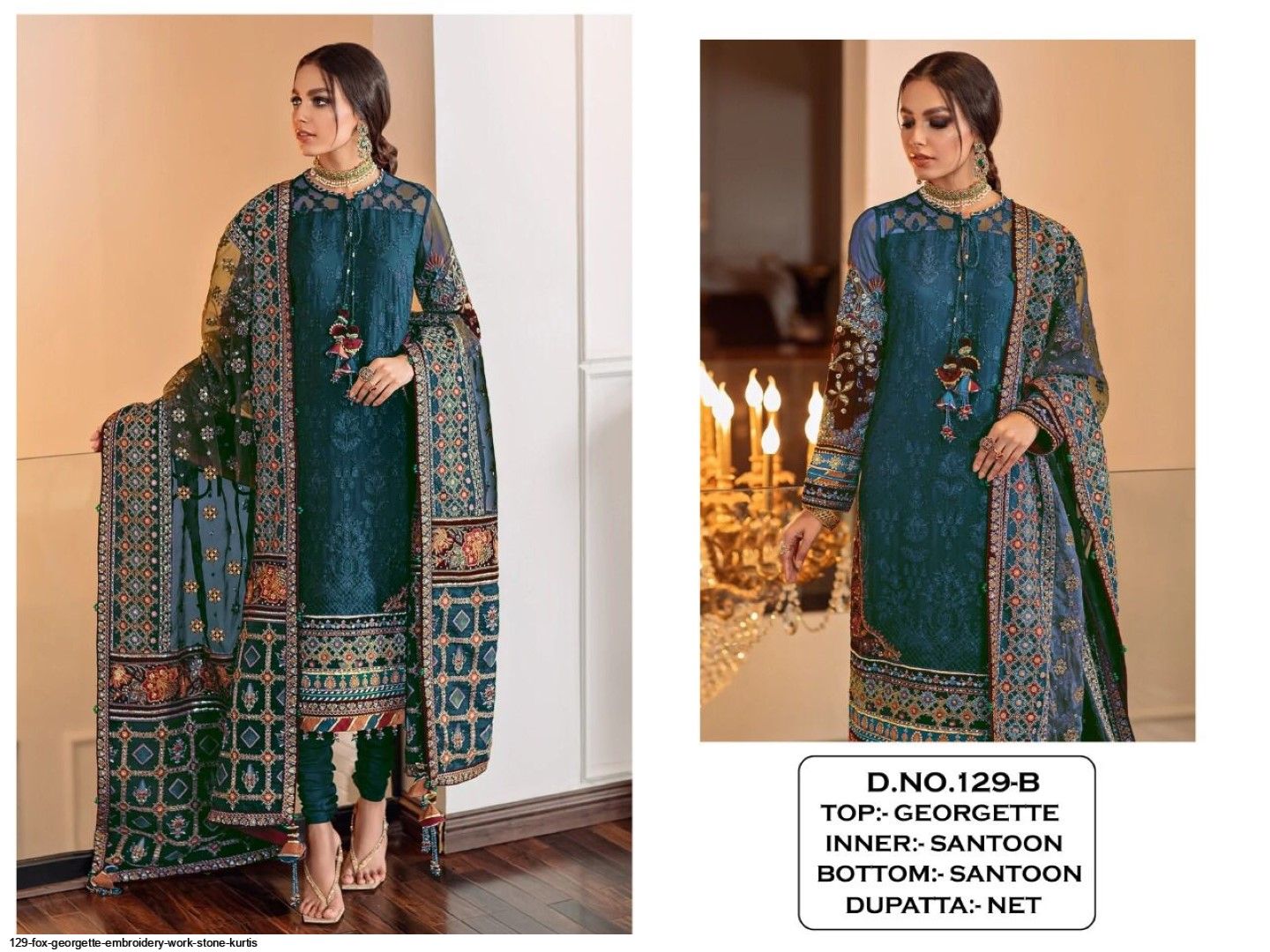 129 FAUX  GEORGETTE EMBROIDERY WORK STONE KURTIS B