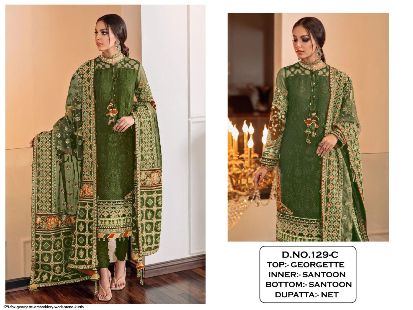 129 FAUX  GEORGETTE EMBROIDERY WORK STONE KURTIS C
