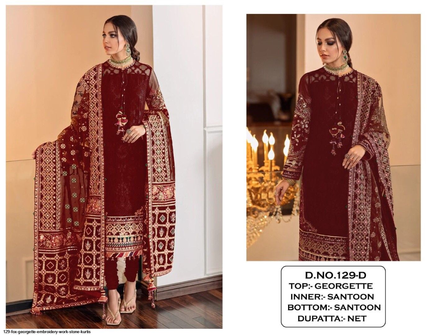129 FAUX  GEORGETTE EMBROIDERY WORK STONE KURTIS E