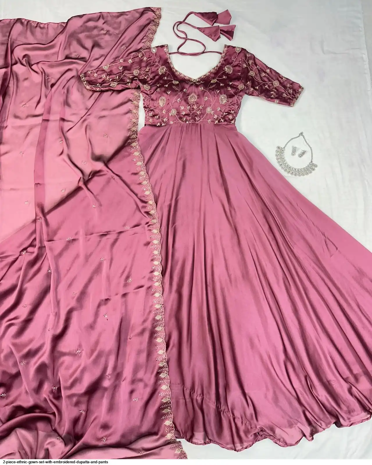 2 PIECE ETHNIC GOWN SET WITH EMBROIDERED DUPATTA AND PANTS B