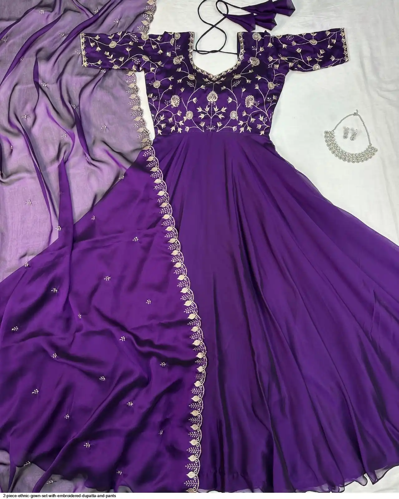 2 PIECE ETHNIC GOWN SET WITH EMBROIDERED DUPATTA AND PANTS A