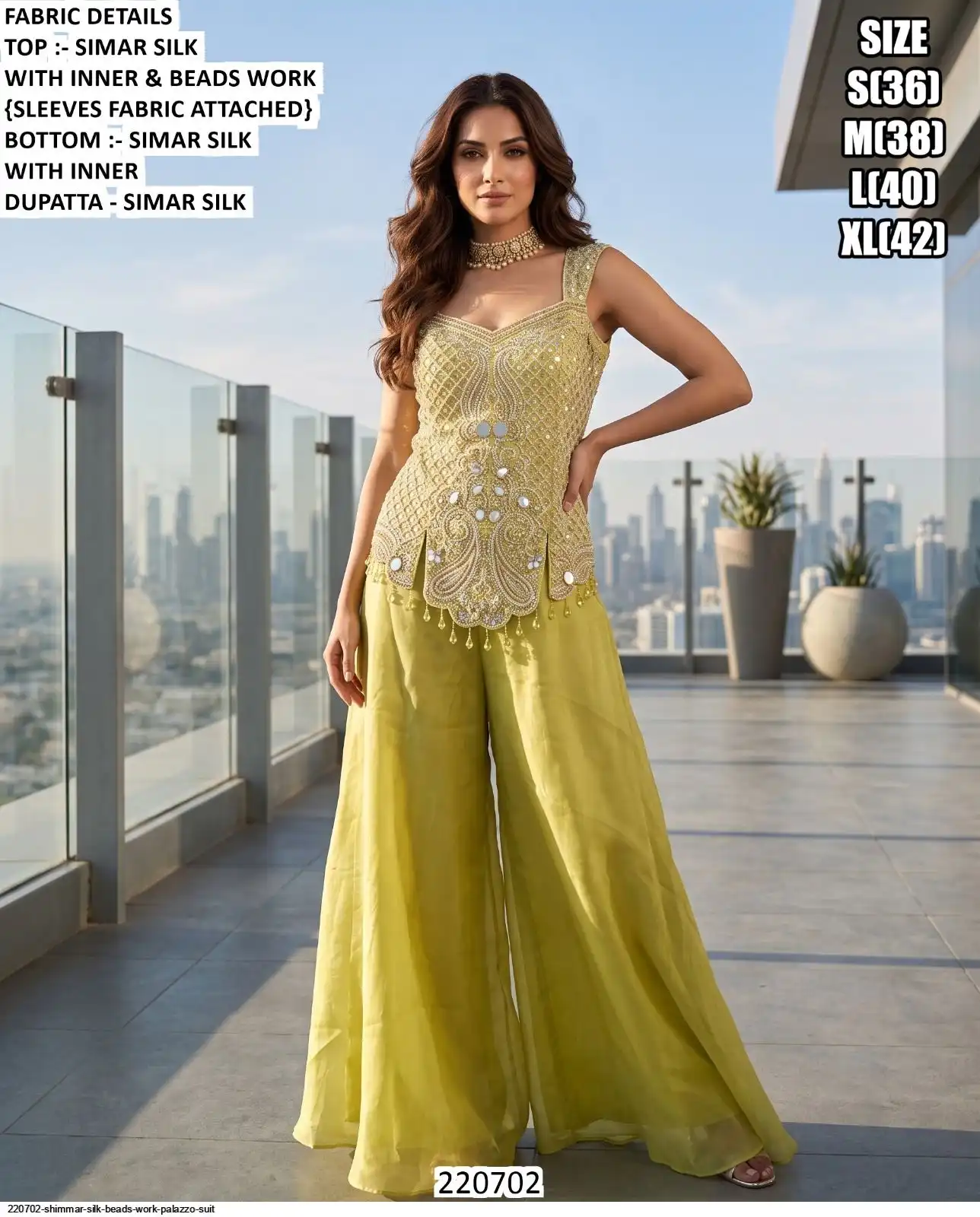 220702 SHIMMAR SILK BEADS WORK PALAZZO SUIT A