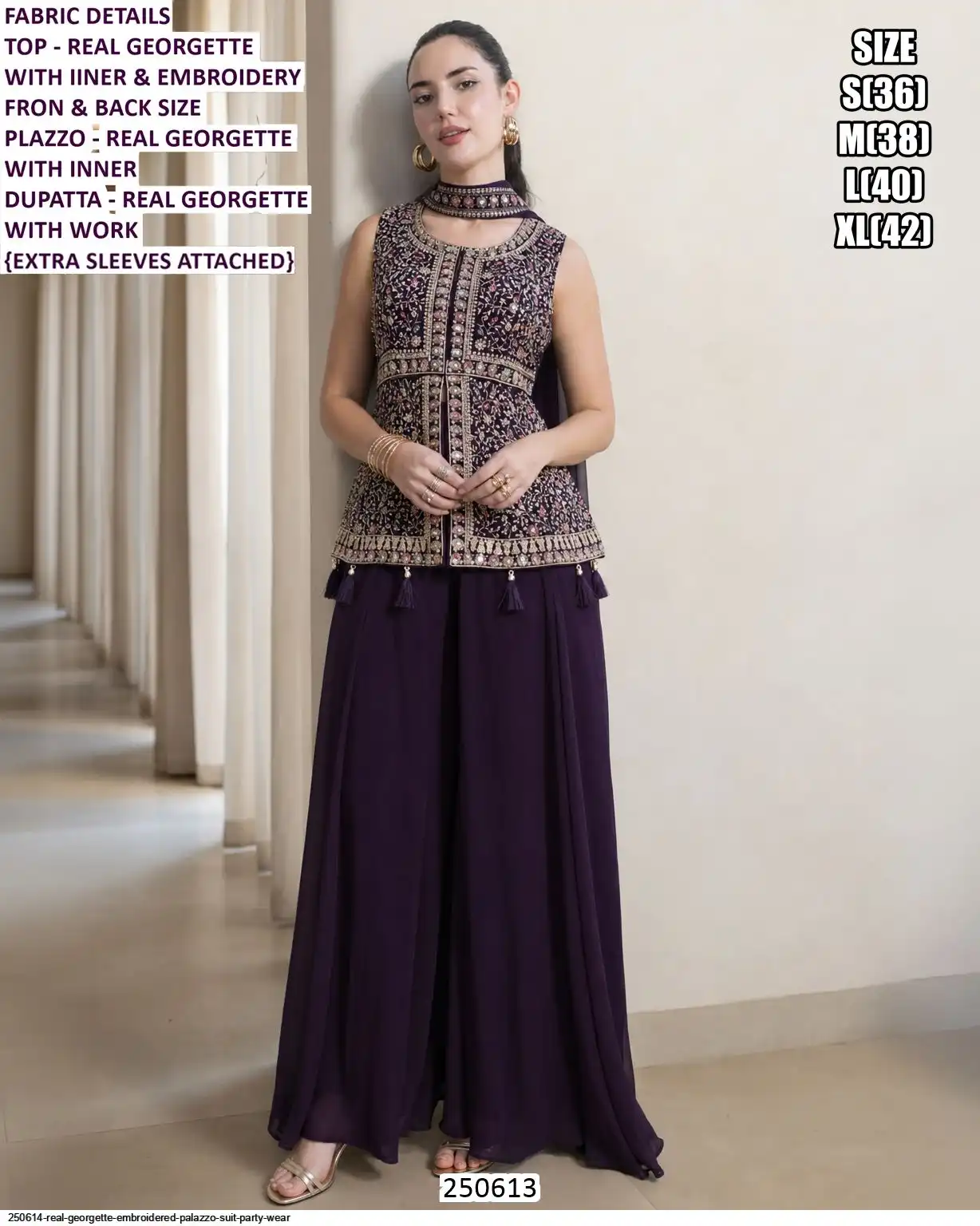 REAL GEORGETTE EMBROIDERED PALAZZO SUIT PARTY WEAR 250613
