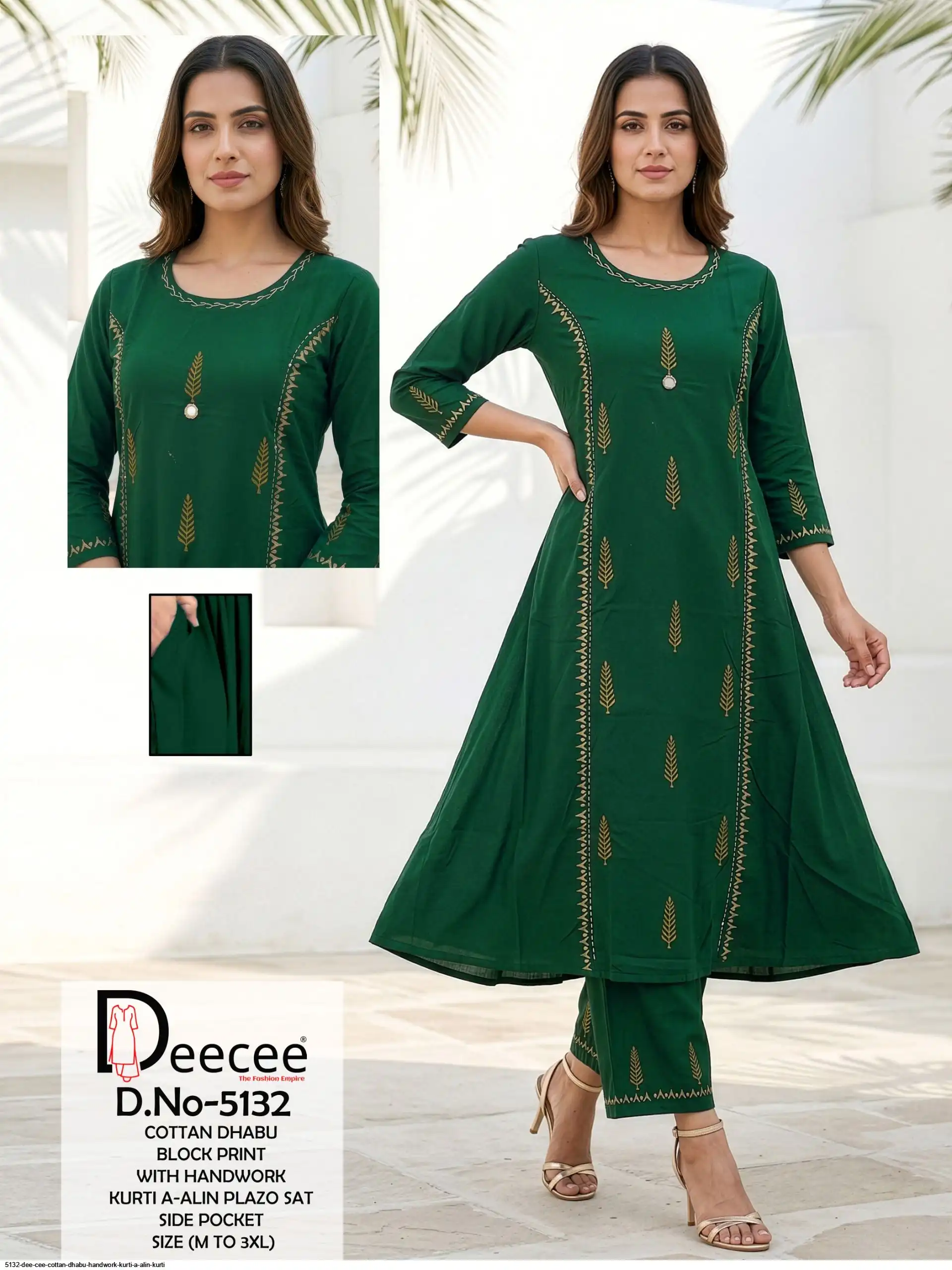 5132 DEE CEE COTTAN DHABU HANDWORK KURTI A ALIN KURTI A
