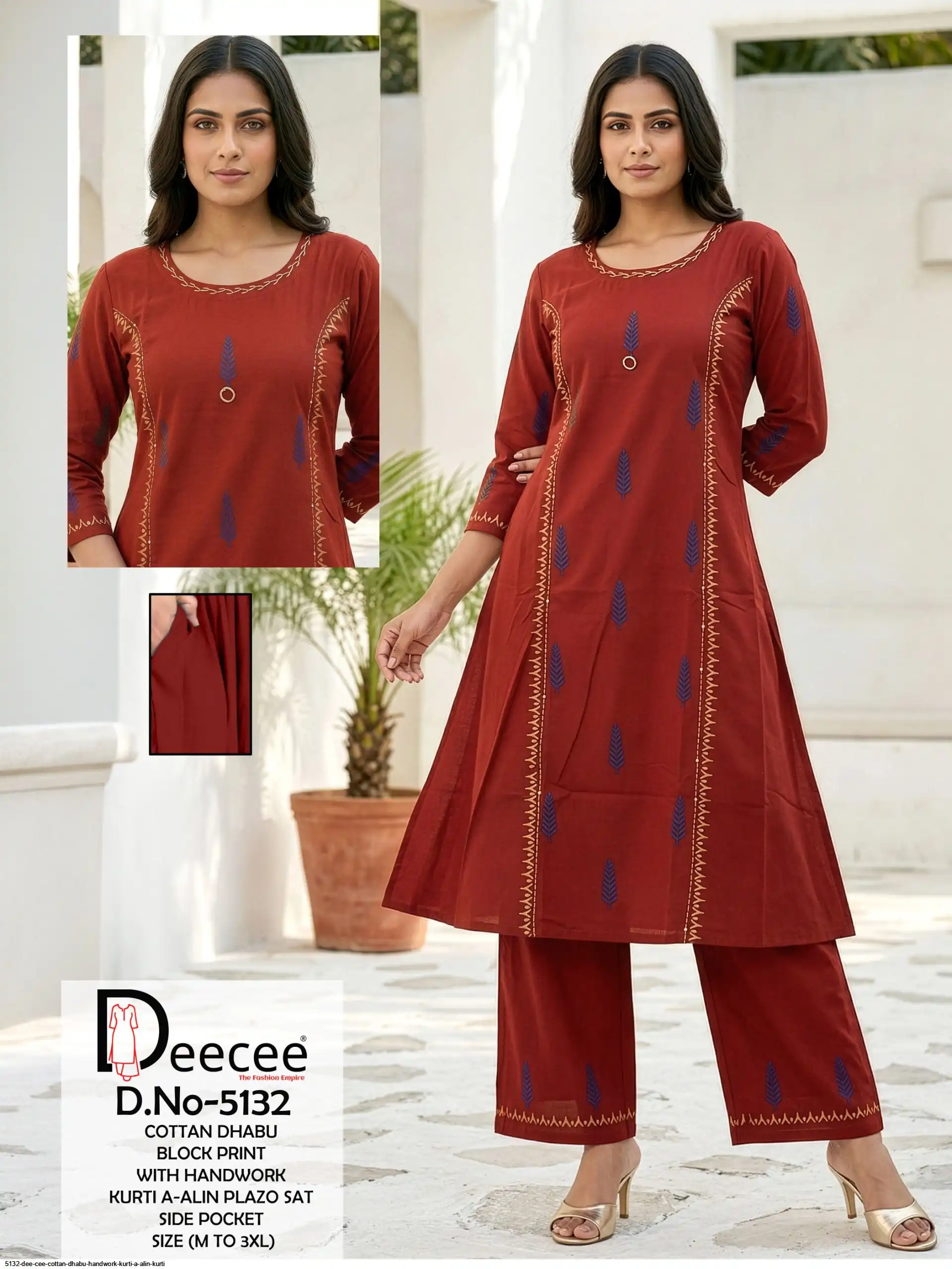 5132 DEE CEE COTTAN DHABU HANDWORK KURTI A ALIN KURTI C