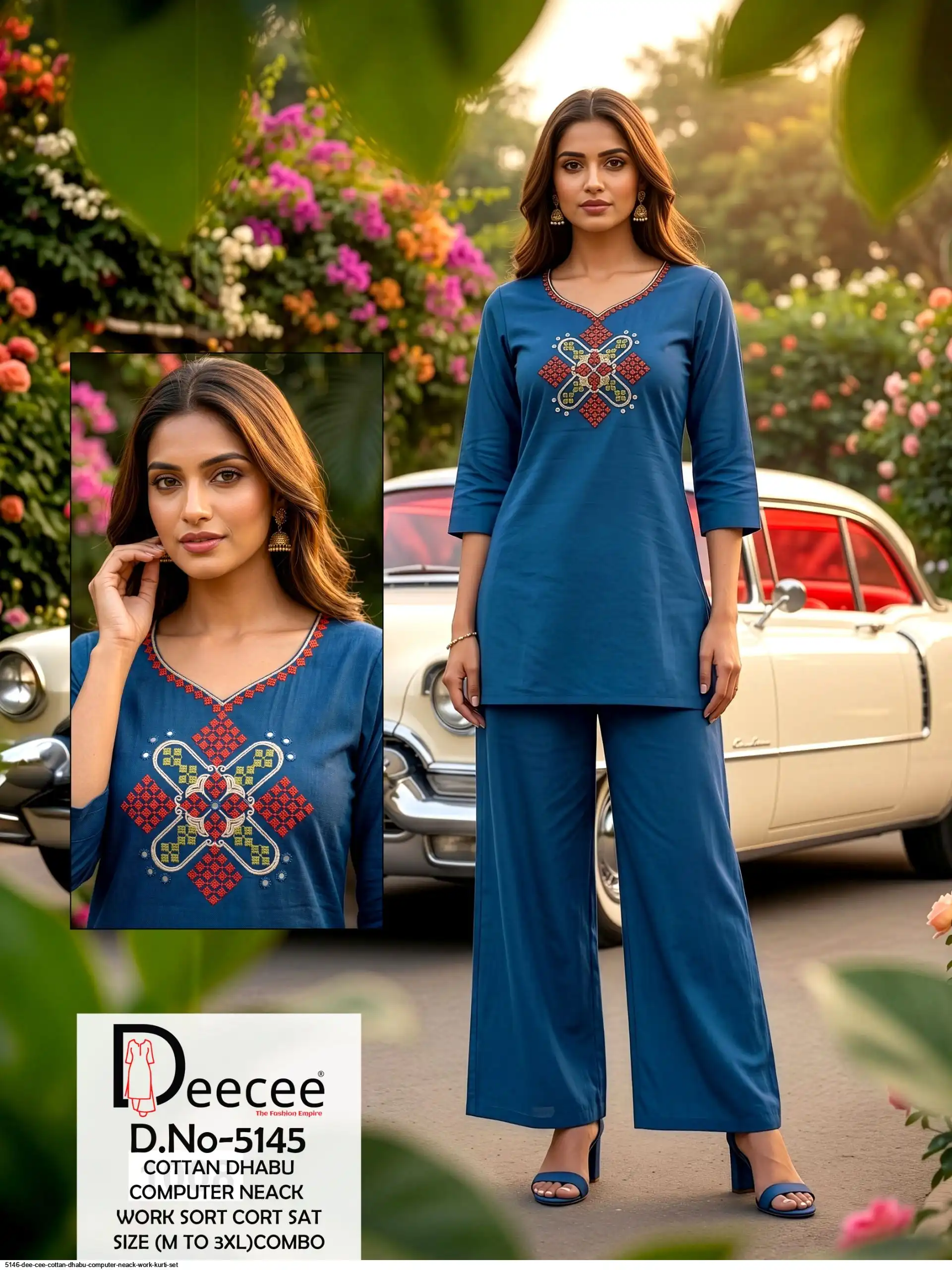 5146 DEE CEE COTTAN DHABU COMPUTER NEACK WORK CO ORD SET B