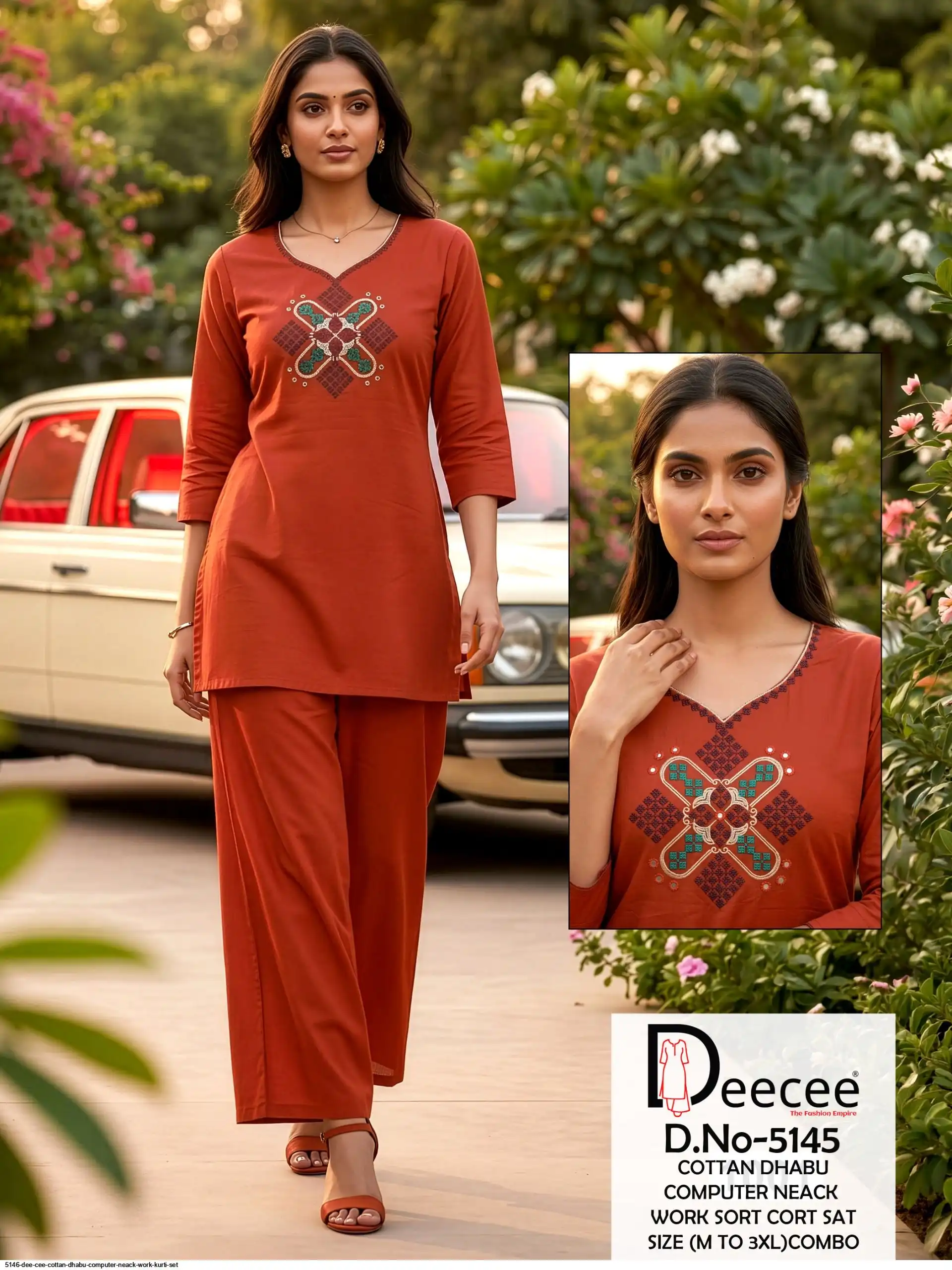 5146 DEE CEE COTTAN DHABU COMPUTER NEACK WORK CO ORD SET C