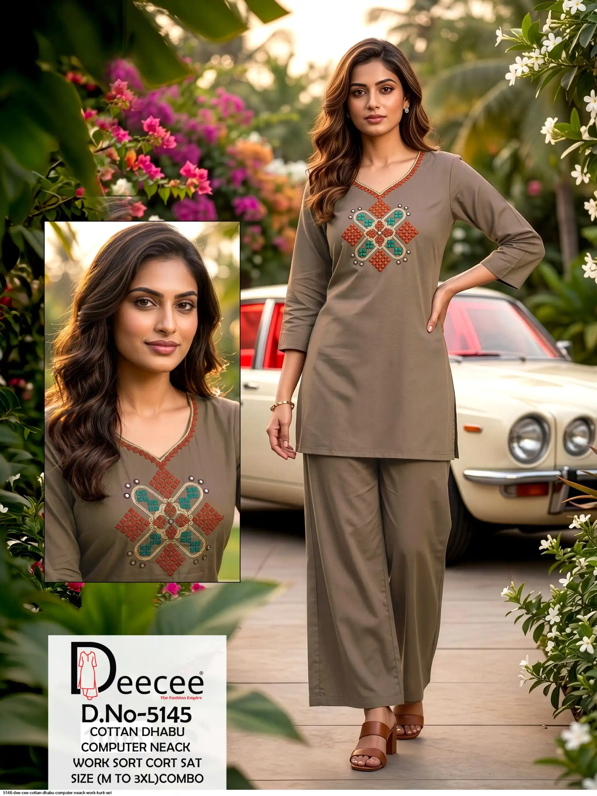 5146 DEE CEE COTTAN DHABU COMPUTER NEACK WORK CO ORD SET D