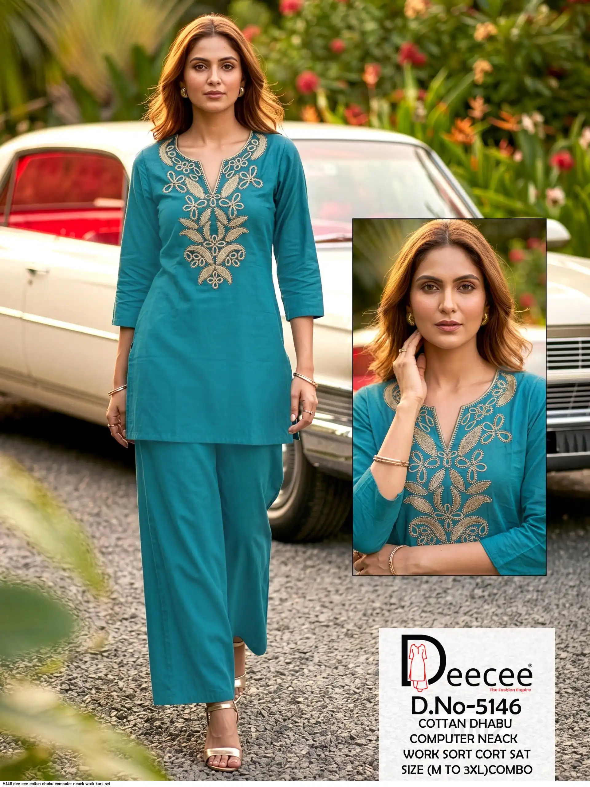 5146 DEE CEE COTTAN DHABU COMPUTER NEACK WORK CO ORD SET E