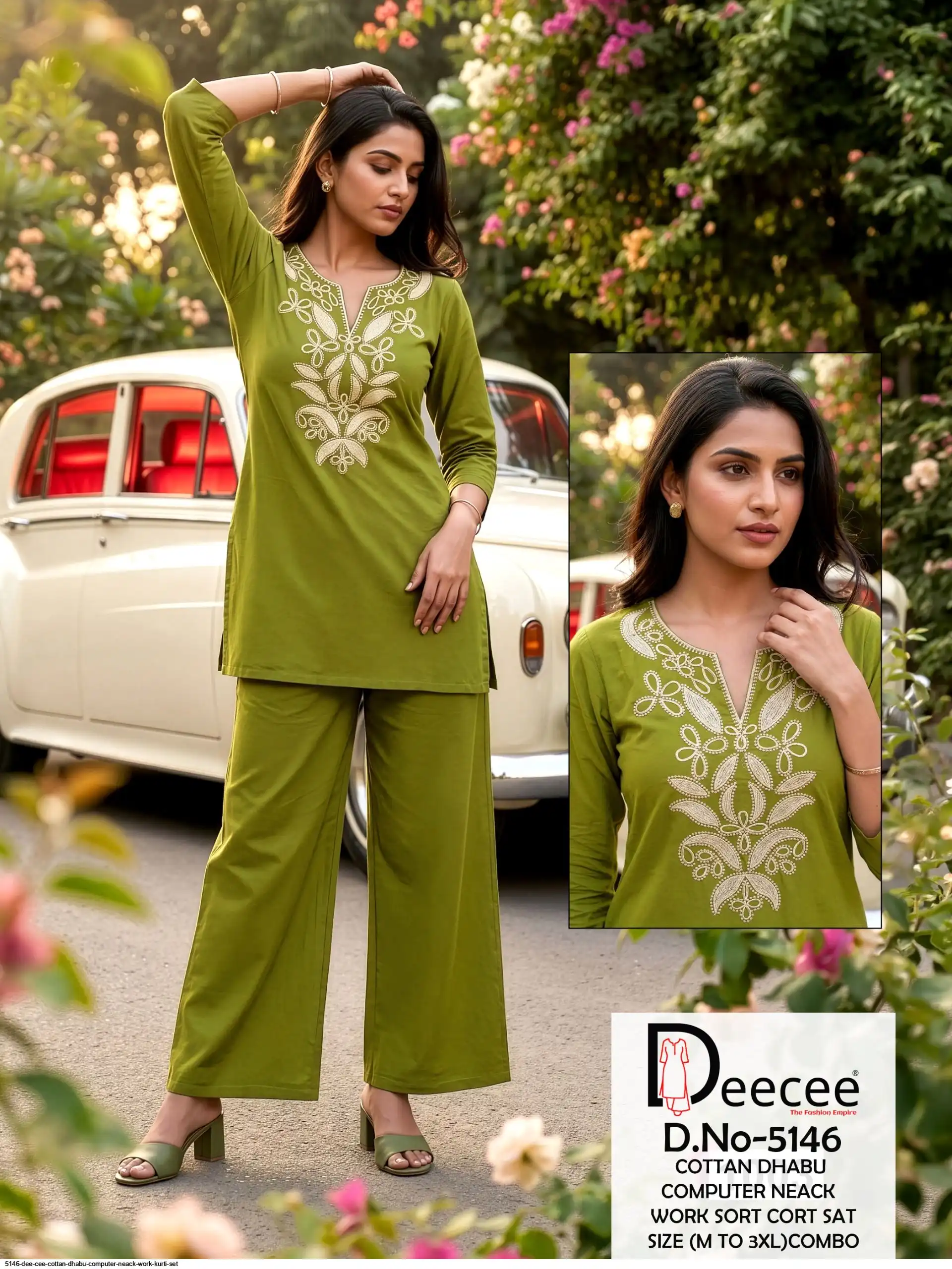 5146 DEE CEE COTTAN DHABU COMPUTER NEACK WORK CO ORD SET F