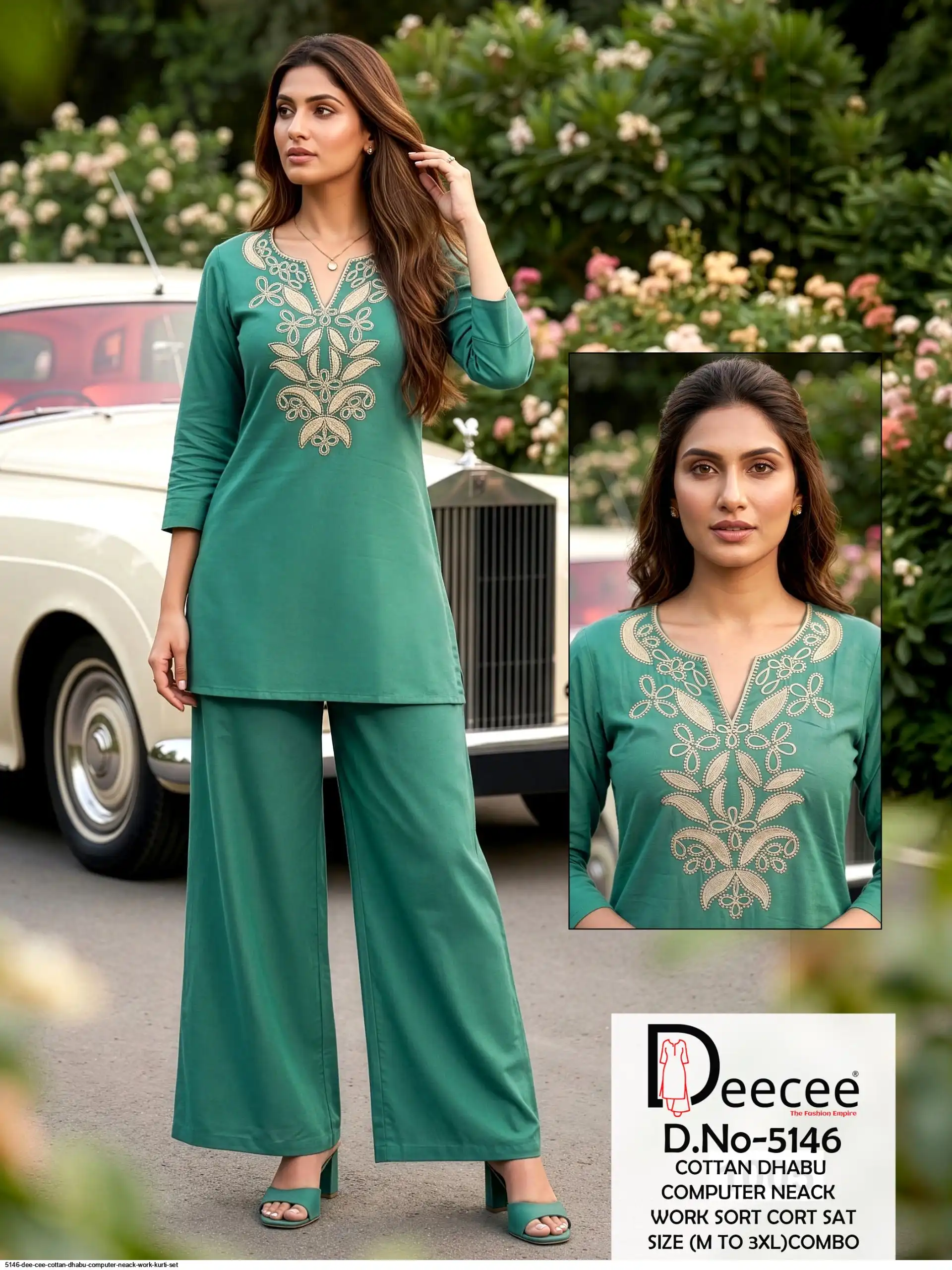 5146 DEE CEE COTTAN DHABU COMPUTER NEACK WORK CO ORD SET H