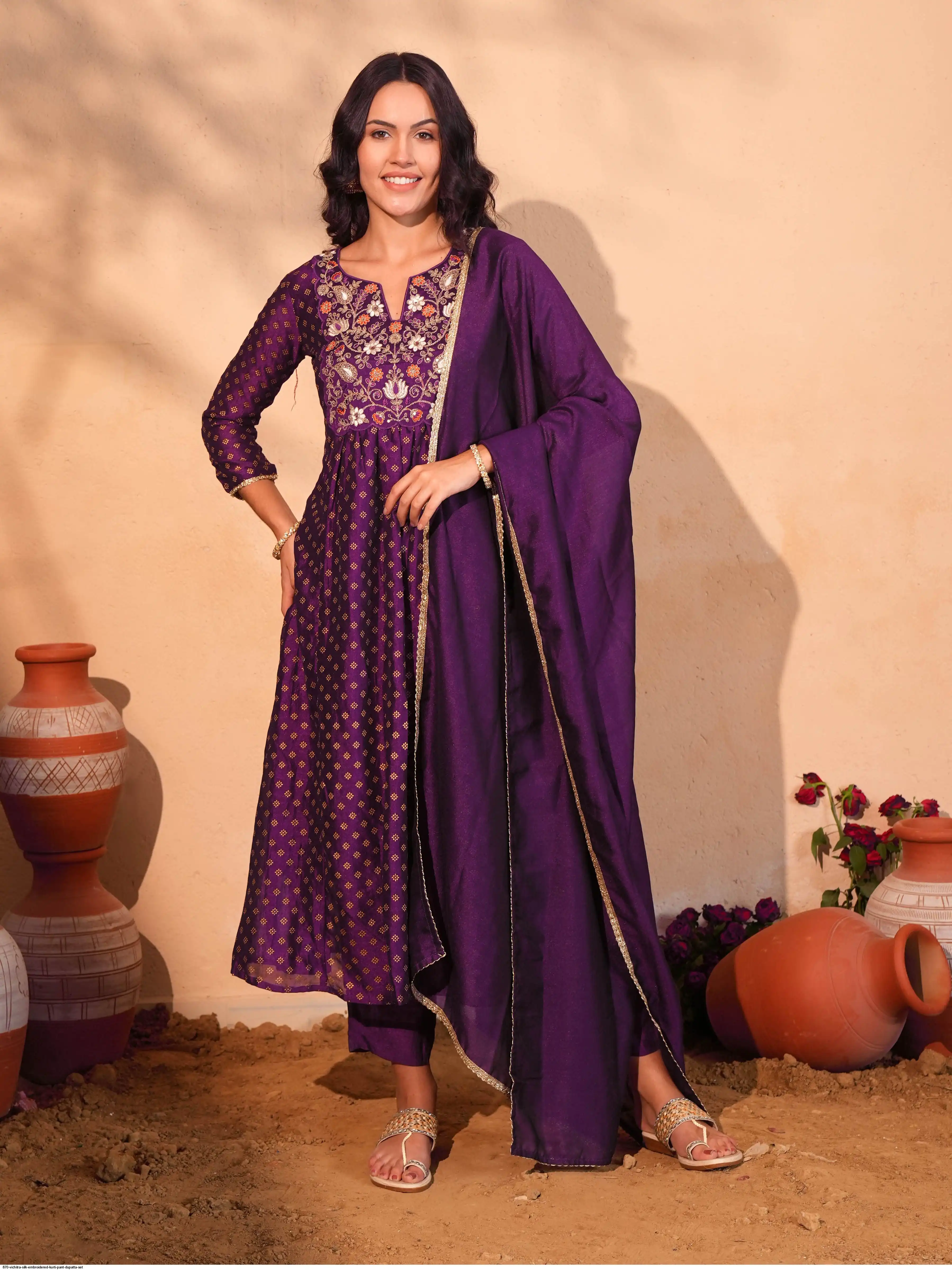 870 VICHITRA SILK EMBROIDERED KURTI PANT DUPATTA SET B