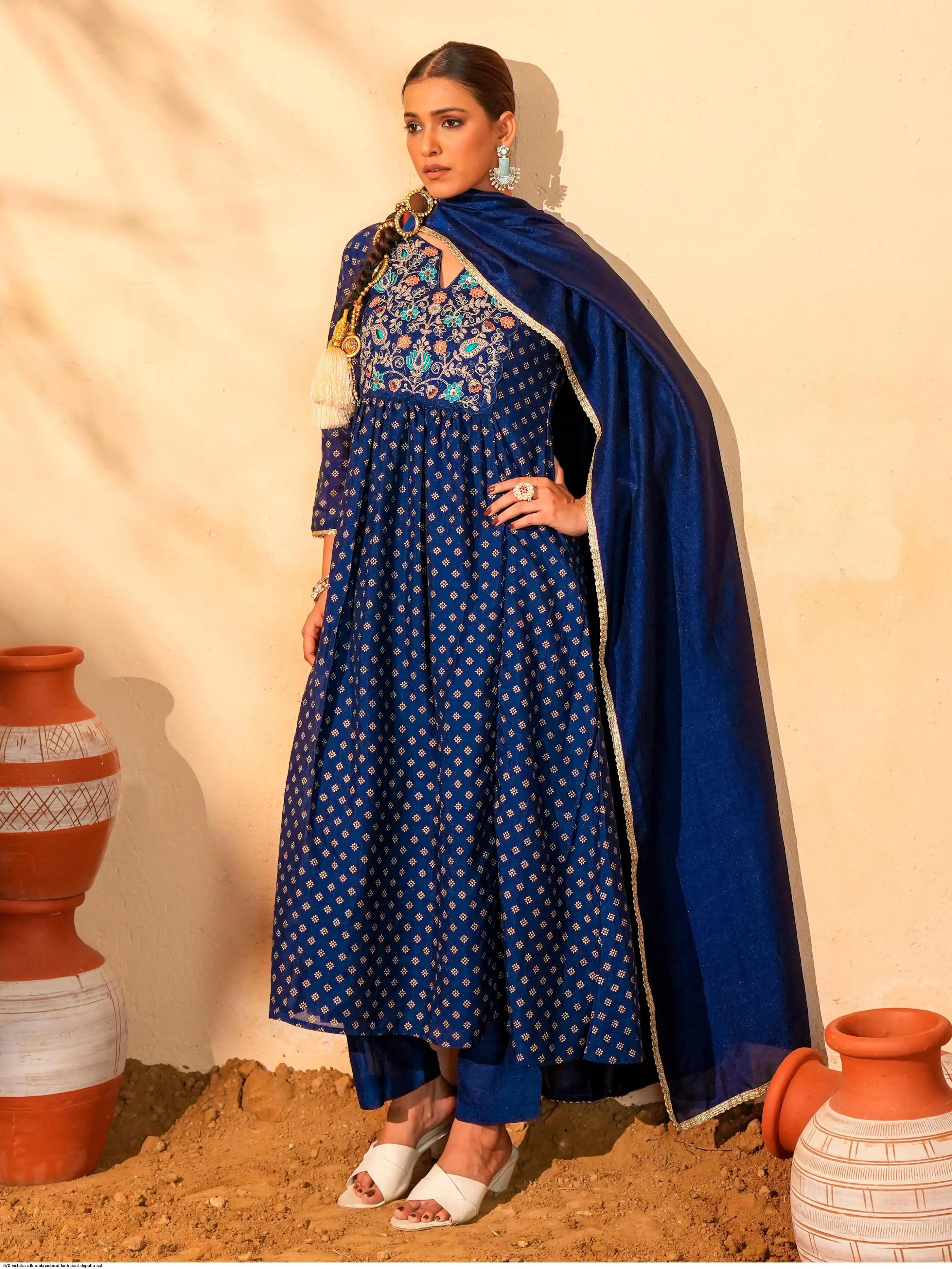 870 VICHITRA SILK EMBROIDERED KURTI PANT DUPATTA SET A