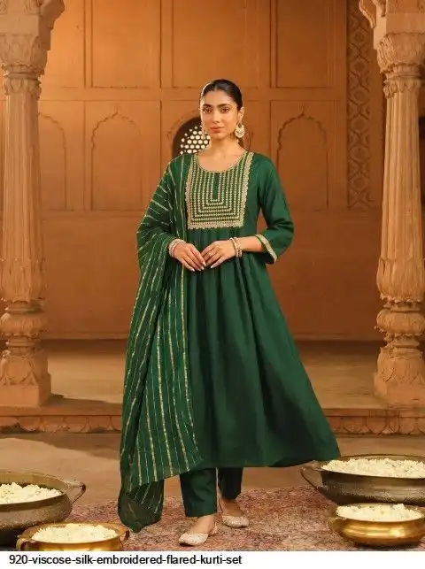 920 VISCOSE SILK EMBROIDERED FLARED KURTI SET B