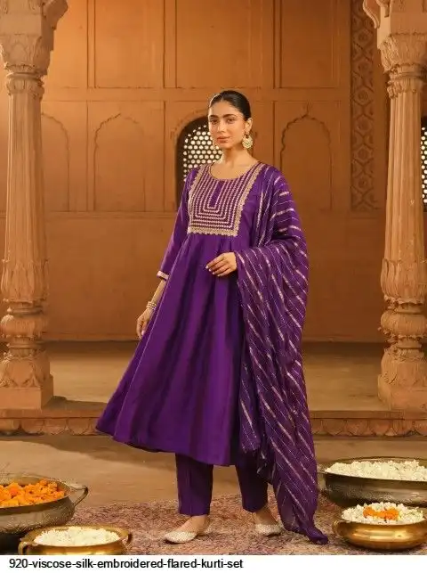 920 VISCOSE SILK EMBROIDERED FLARED KURTI SET A