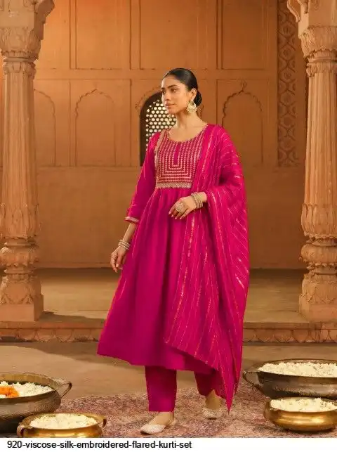 920 VISCOSE SILK EMBROIDERED FLARED KURTI SET C