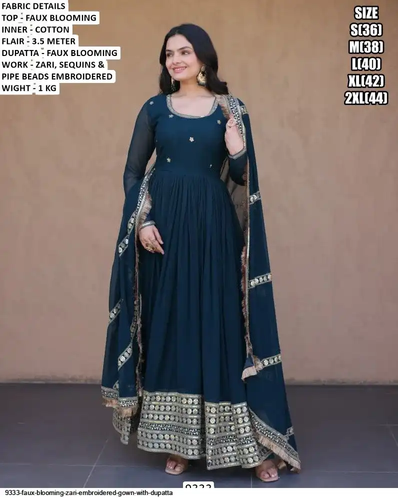 9333 FAUX BLOOMING ZARI EMBROIDERED GOWN WITH DUPATTA A