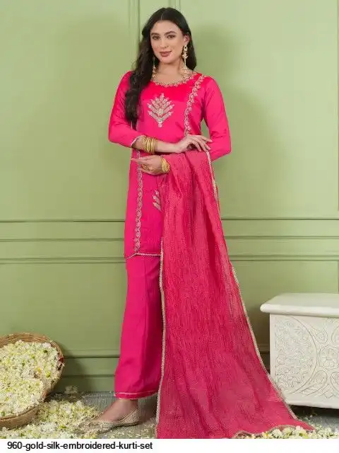 960 GOLD SILK EMBROIDERED KURTI SET A