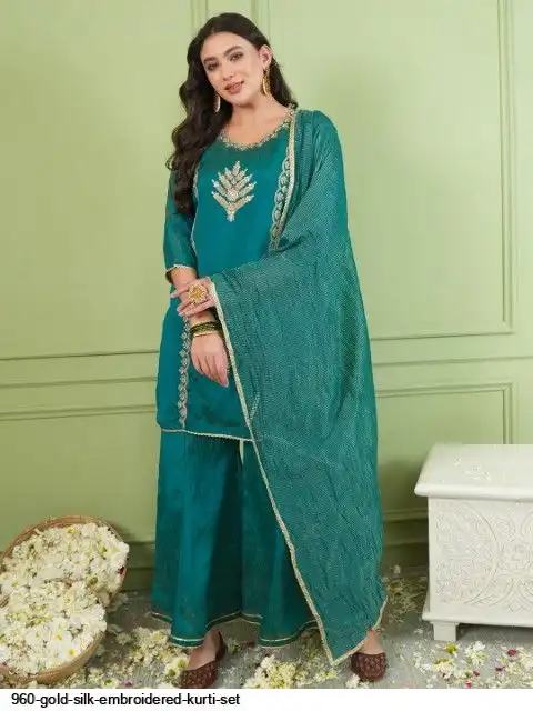 960 GOLD SILK EMBROIDERED KURTI SET B