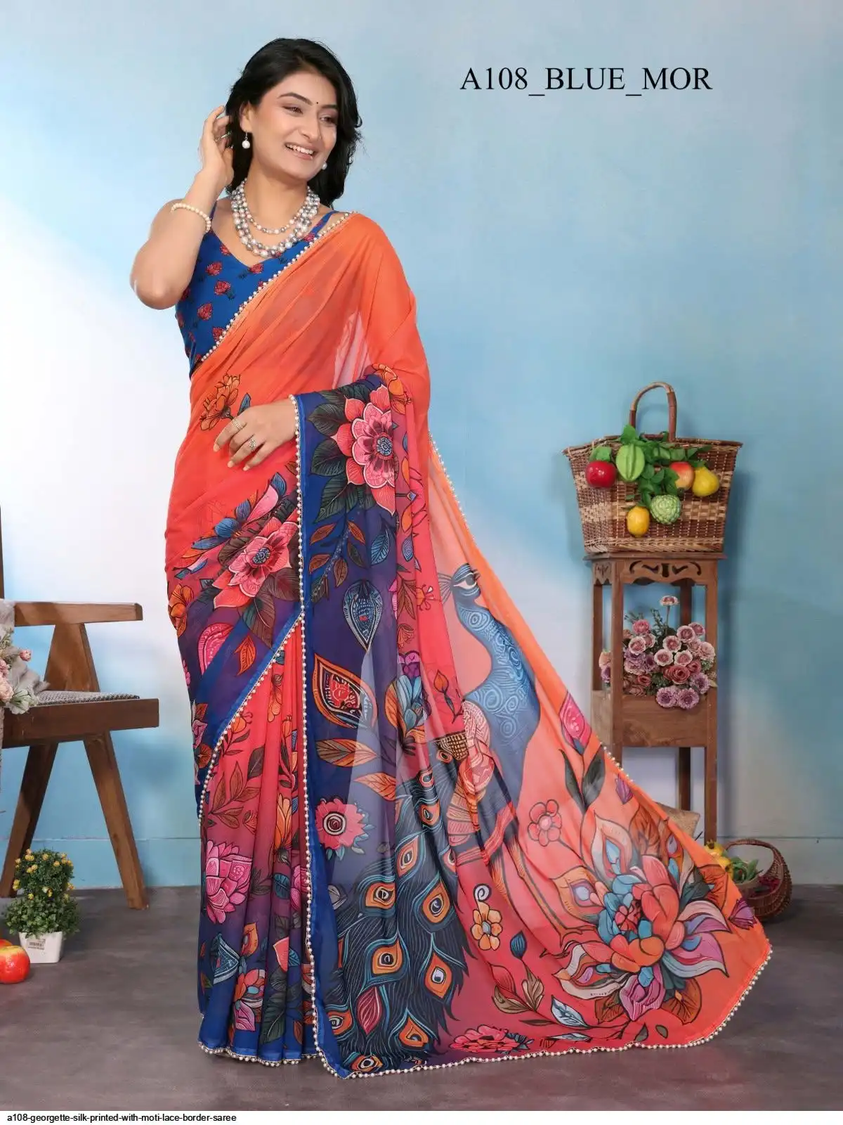 A108 GEORGETTE SILK PRINTED WITH MOTI LACE BORDER SAREE 1