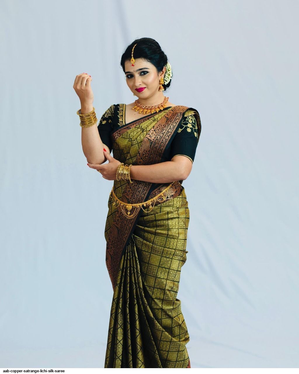 AAB COPPER SATRANGE LICHI SILK SAREE