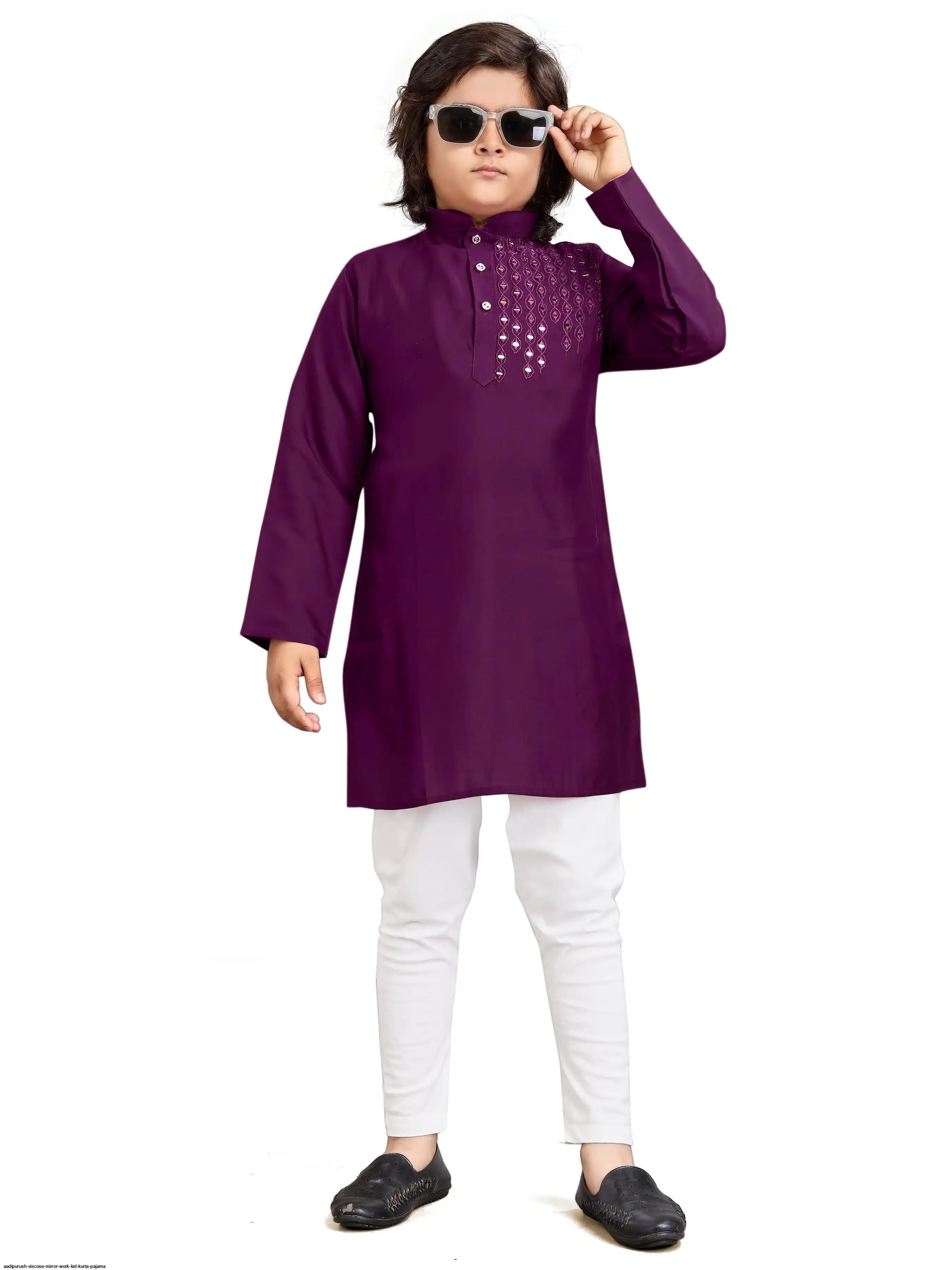 AADIPURUSH VISCOSE MIRROR WORK KID KURTA PAJAMA E
