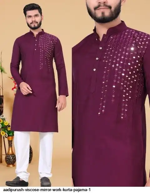 AADIPURUSH VISCOSE MIRROR WORK KURTA PAJAMA 1 C