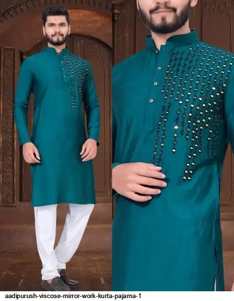AADIPURUSH VISCOSE MIRROR WORK KURTA PAJAMA 1 F