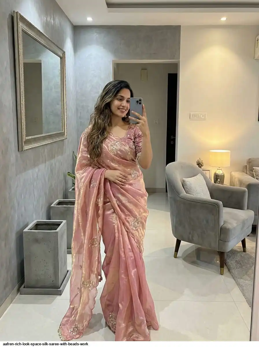 AAFREN RICH LOOK SPACE SILK SAREE WITH BEADS WORK D