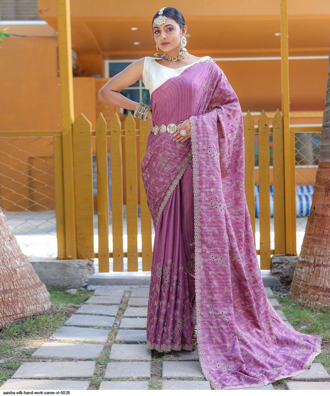 Banarasee Organza Silk Hand-work Saree-Dark Mauve