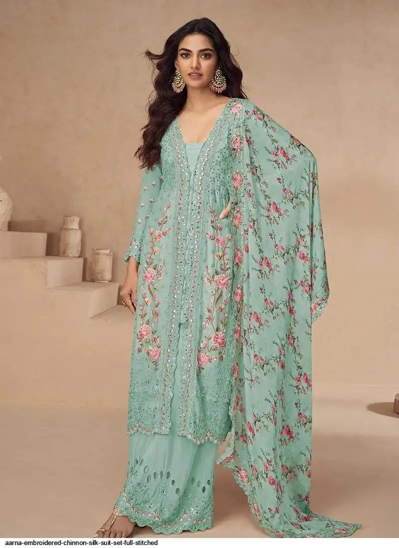 AARNA EMBROIDERED CHINNON SILK SUIT SET FULL STITCHED 10396