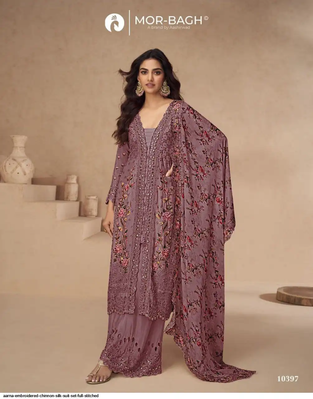 AARNA EMBROIDERED CHINNON SILK SUIT SET FULL STITCHED 10397