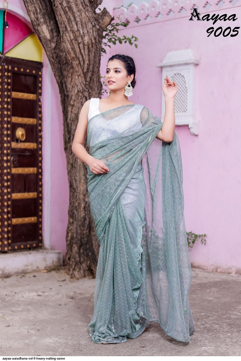 Red Georgette Lakhnavi Work Party-Wear Boutique Saree