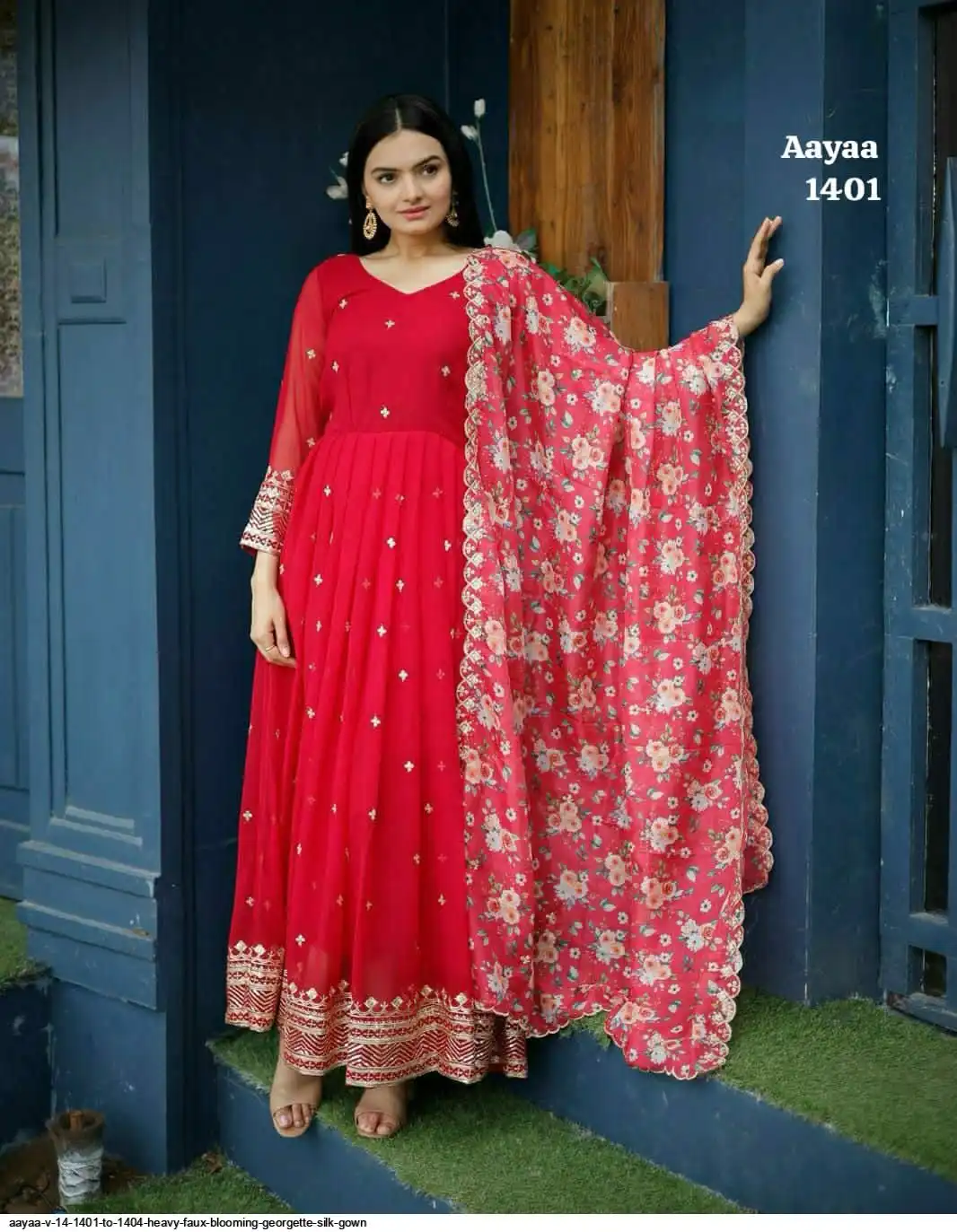AAYAA V 14 1401 TO 1404 HEAVY FAUX BLOOMING GEORGETTE SILK GOWN 1