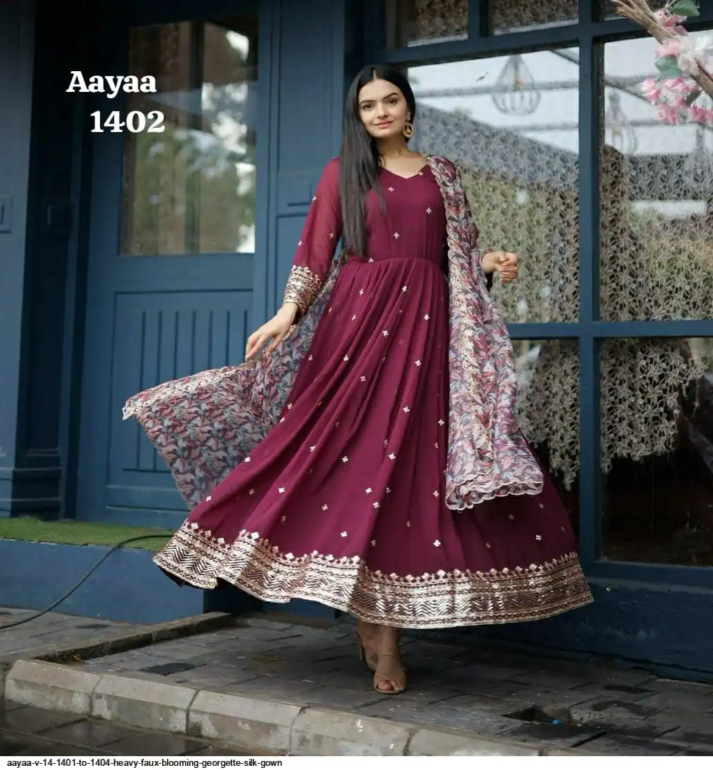 AAYAA V 14 1401 TO 1404 HEAVY FAUX BLOOMING GEORGETTE SILK GOWN 2