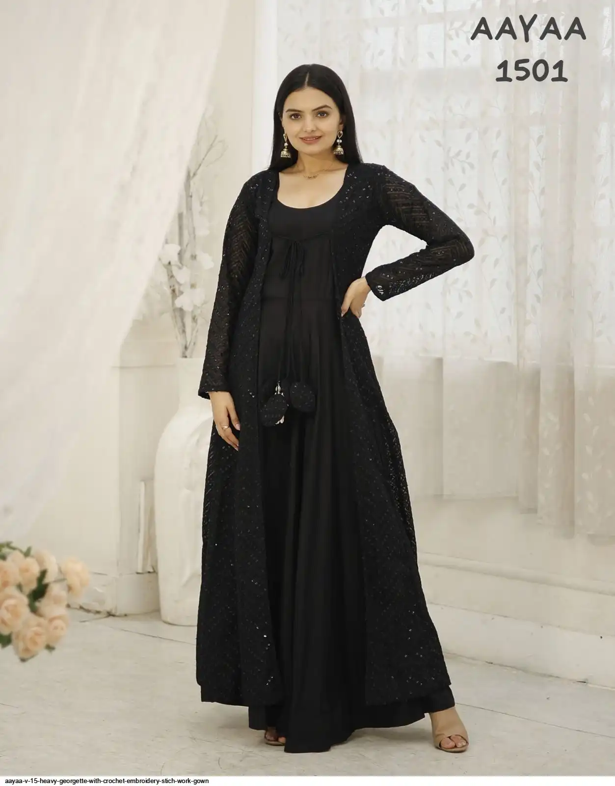 AAYAA V 15 HEAVY GEORGETTE WITH CROCHET EMBROIDERY STICH WORK GOWN 1