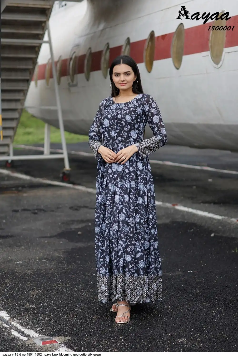 AAYAA V 18 D NO 1801 1802 HEAVY FAUX BLOOMING GEORGETTE SILK GOWN 1