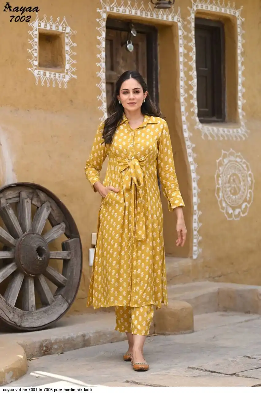 AAYAA V D NO 7001 TO 7005 PURE MASLIN SILK KURTI 2