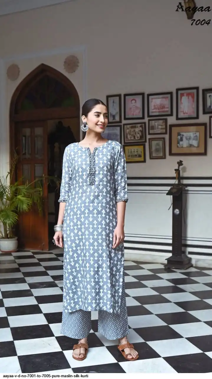 AAYAA V D NO 7001 TO 7005 PURE MASLIN SILK KURTI 4