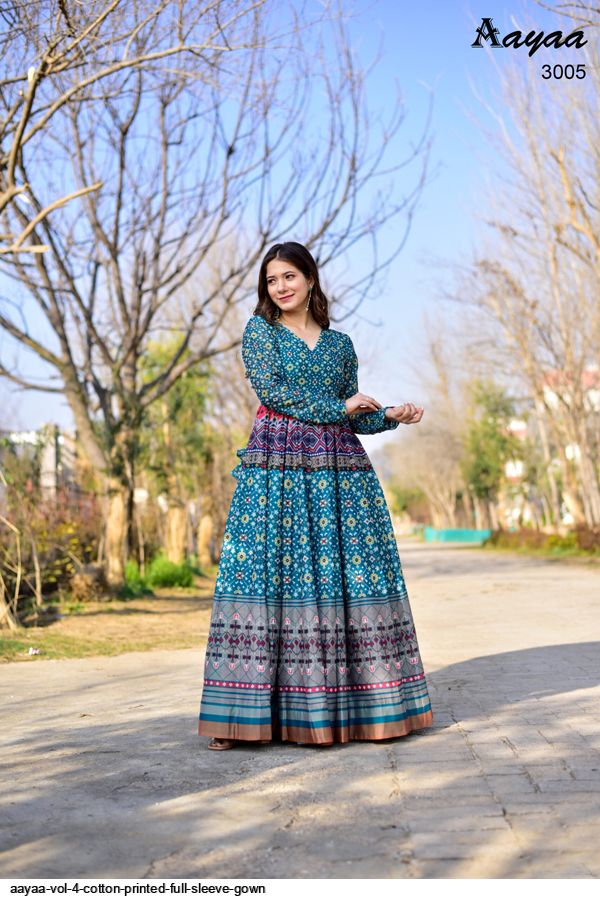 AAYAA VOL COTTON PRINTED FULL SLEEVE GOWN 3005
