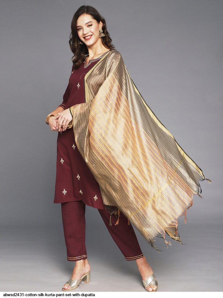 ABWSD2431 cotton silk Kurta pant set with dupatta