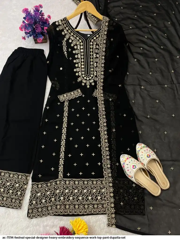 AC 7094 FESTIVAL SPECIAL DESIGNER HEAVY EMBROIDERY SEQUENCE WORK TOP PANT DUPATTA SET C