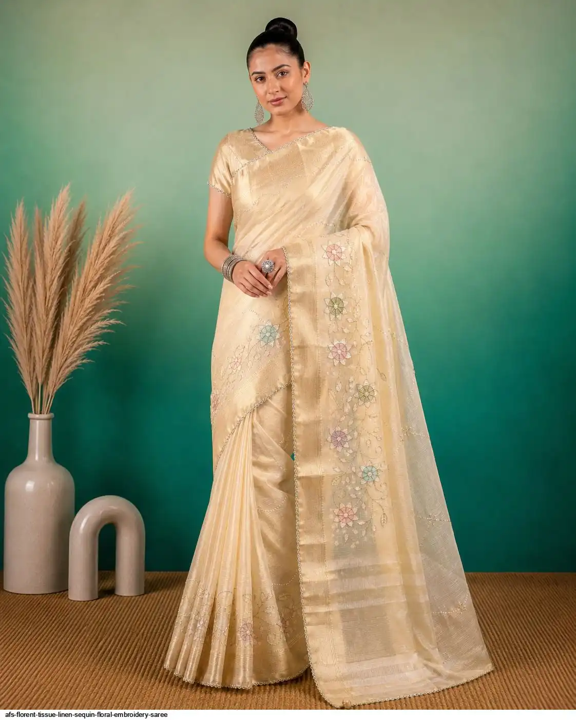 AFS FLORENT TISSUE LINEN SEQUIN FLORAL EMBROIDERY SAREE 1