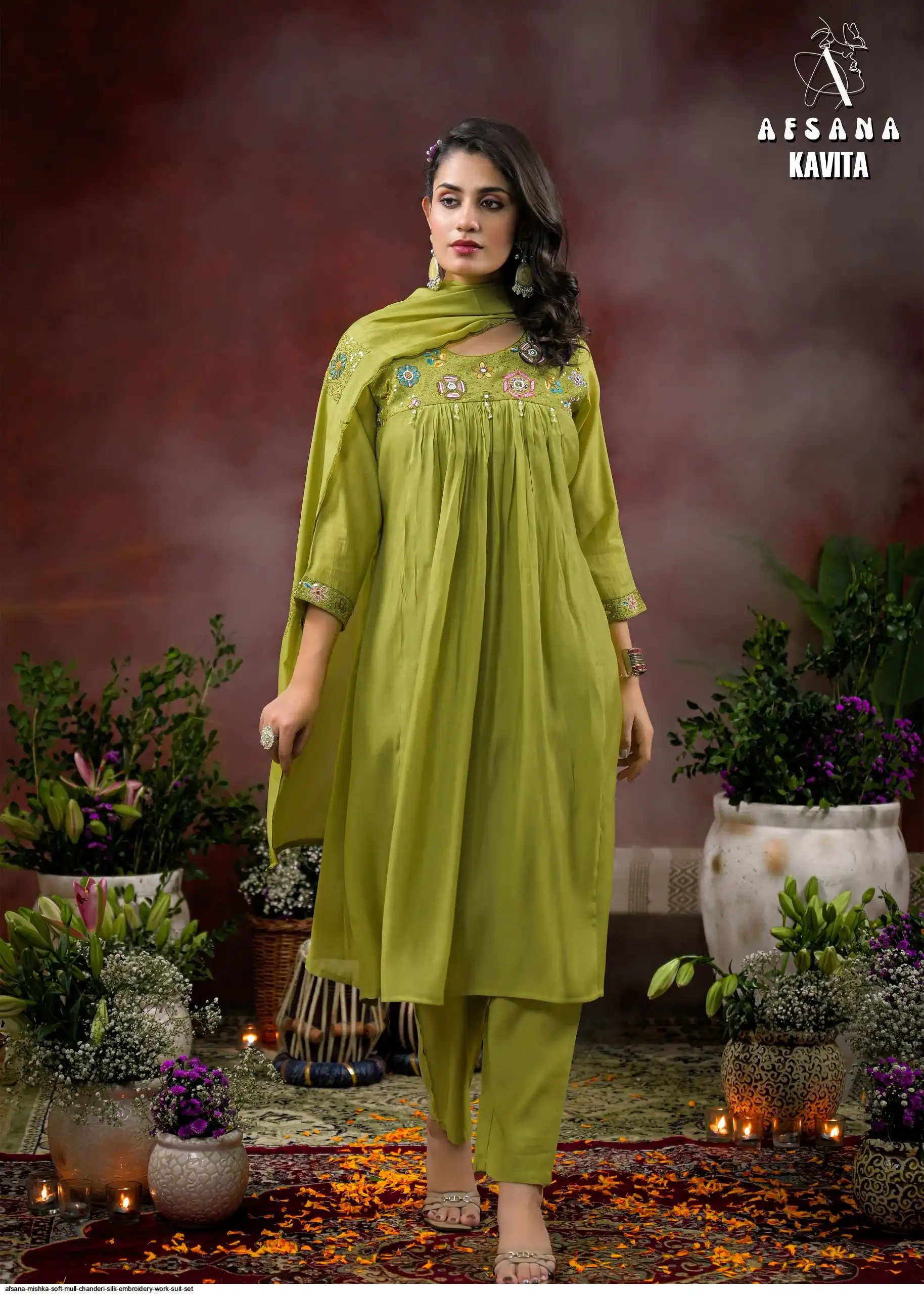 AFSANA MISHKA SOFT MULL CHANDERI SILK EMBROIDERY WORK SUIT SET A