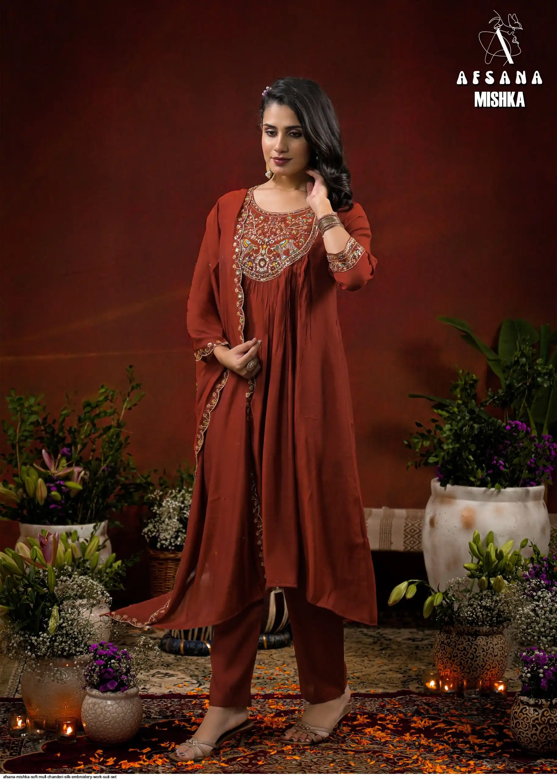 AFSANA MISHKA SOFT MULL CHANDERI SILK EMBROIDERY WORK SUIT SET B