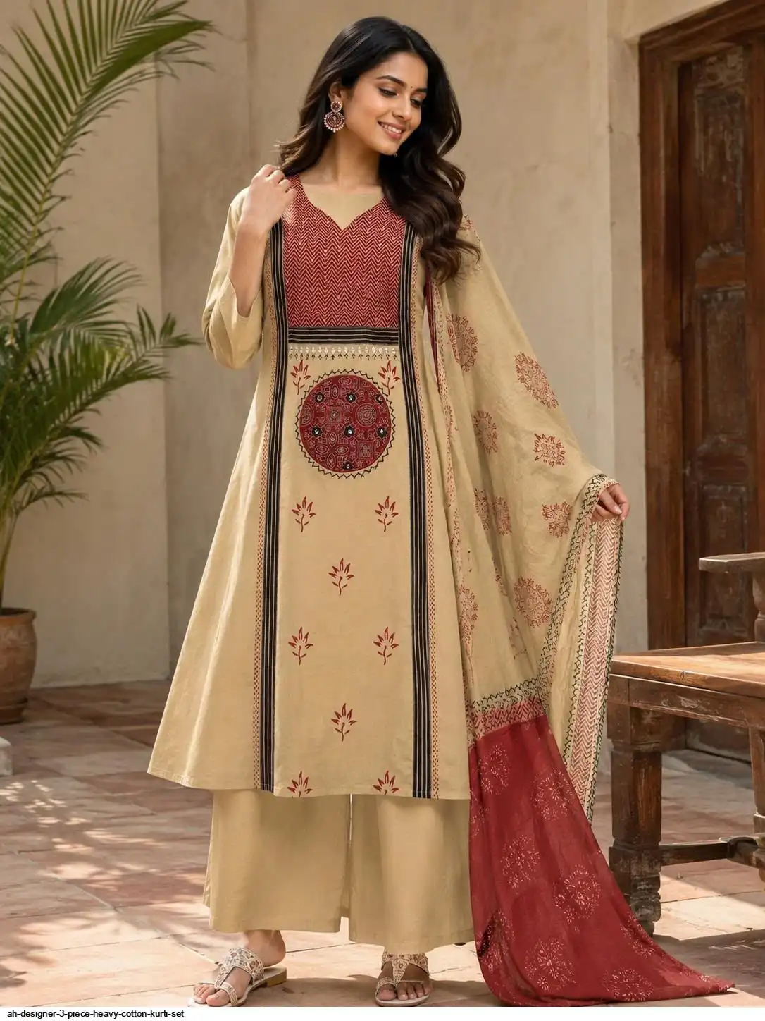 AH DESIGNER 3 PIECE HEAVY COTTON KURTI SET A