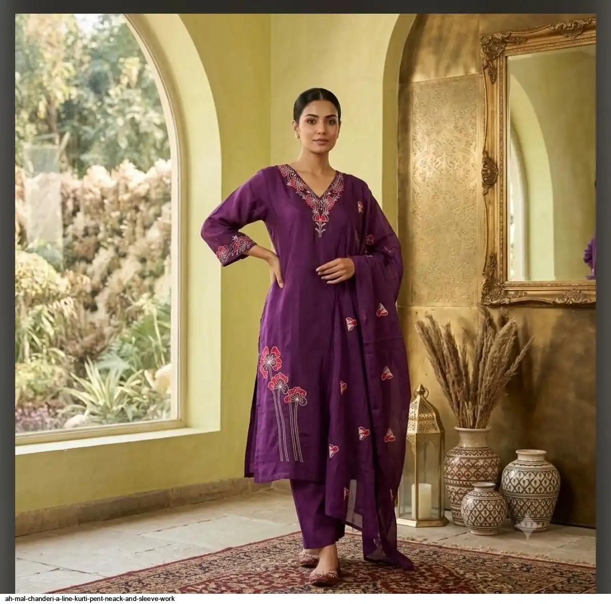 AH MAL CHANDERI A LINE KURTI PENT NEACK AND SLEEVE WORK A